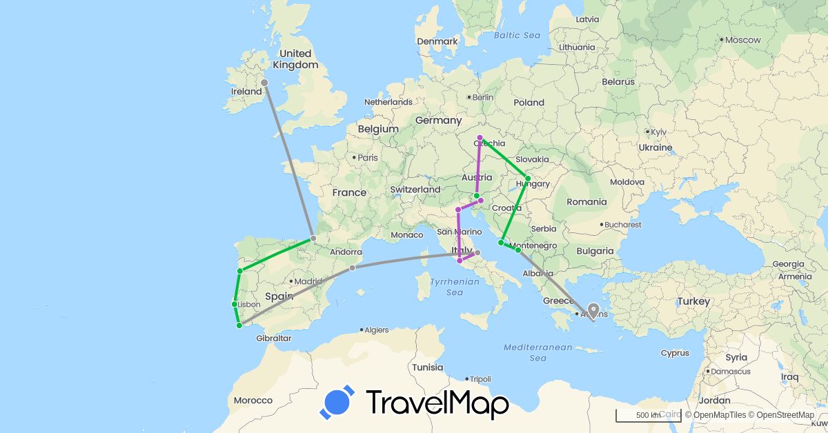 TravelMap itinerary: driving, bus, plane, train in Czech Republic, Spain, France, Greece, Croatia, Hungary, Ireland, Italy, Portugal, Slovenia (Europe)